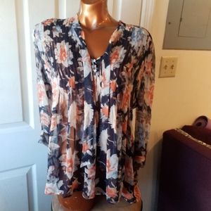 Joie 100% silk sheer button up floral smocked top M